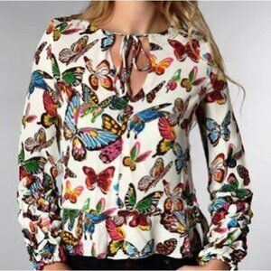 TORY BURCH VINTAGE Colorful Butterfly Print Blouse Tie Neck Ruffle Sleeves Silk
